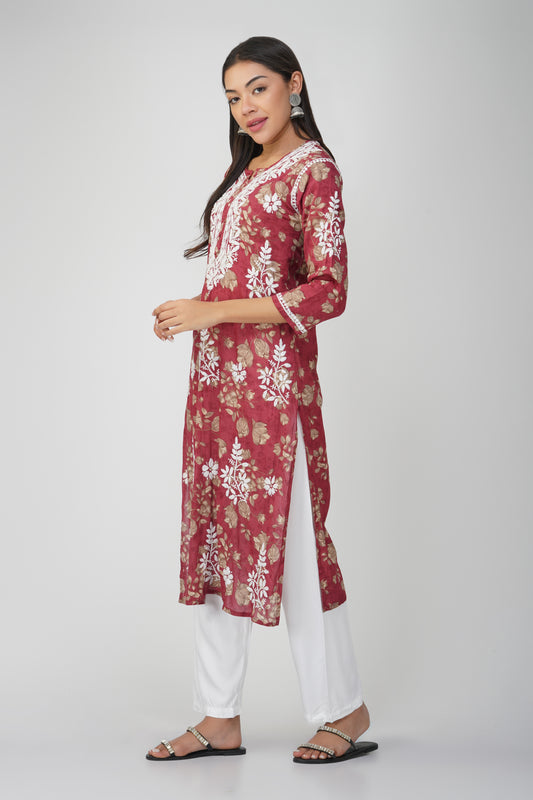 Red Mulmul Cotton Chikankari Kurta