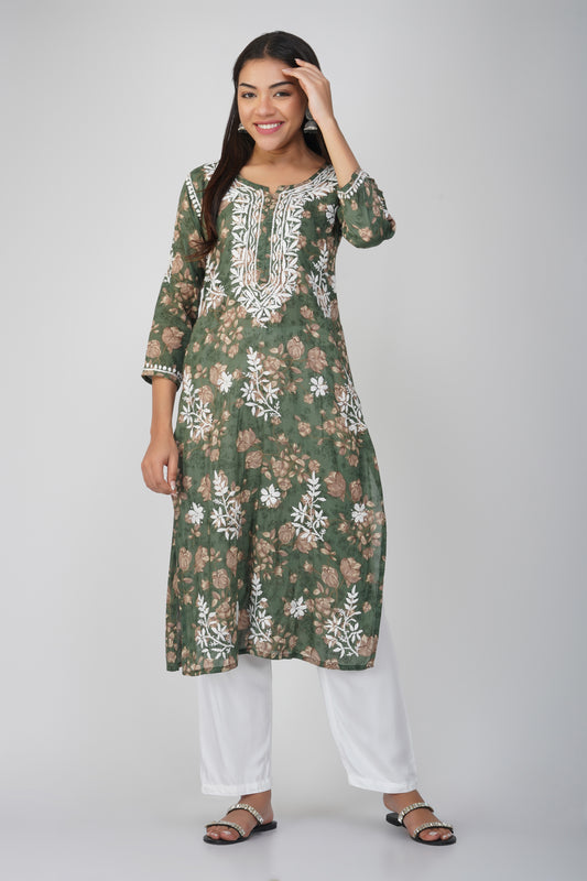 Green Mulmul Cotton Chikankari Kurta