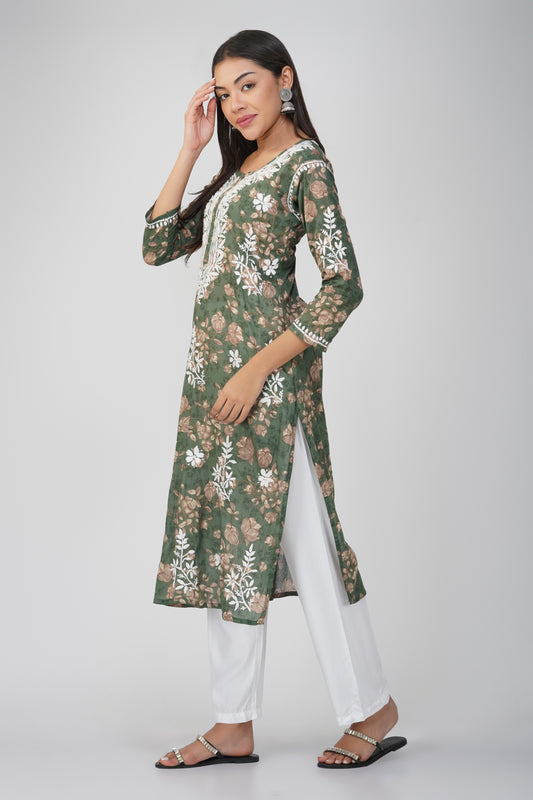 Green Mulmul Cotton Chikankari Kurta