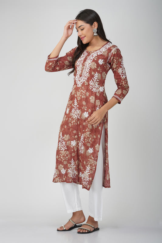 Maroon Mulmul Cotton Chikankari Kurta