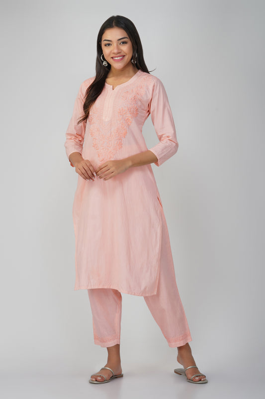 Peach Cotton Kurti Set with Coloured Chikankari Embroidery