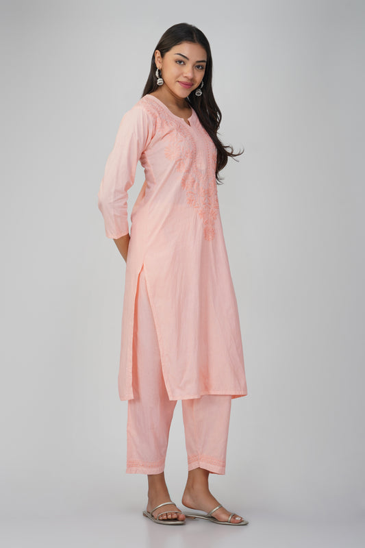 Peach Cotton Kurti Set with Coloured Chikankari Embroidery