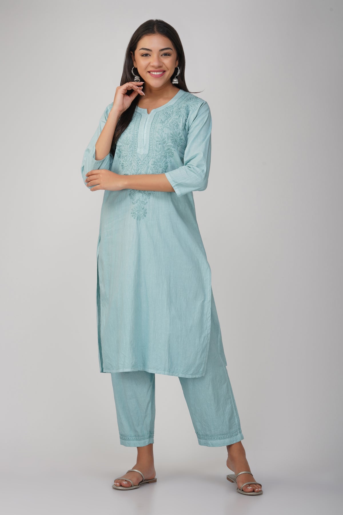 Blue Cotton Kurti Set with Coloured Chikankari Embroidery