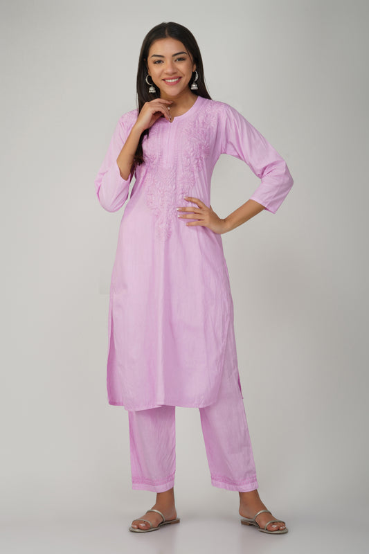 Pink Cotton Kurti Set with Coloured Chikankari Embroidery