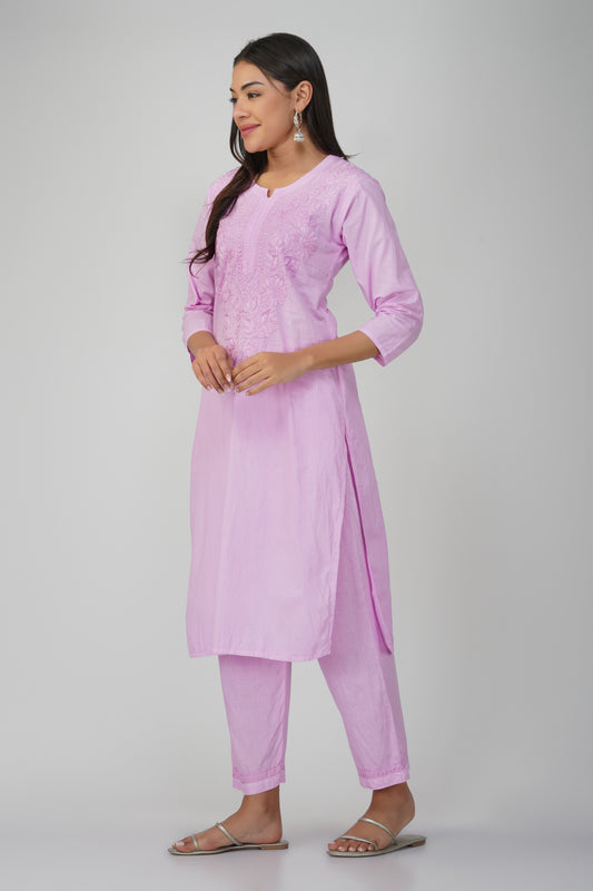 Pink Cotton Kurti Set with Coloured Chikankari Embroidery