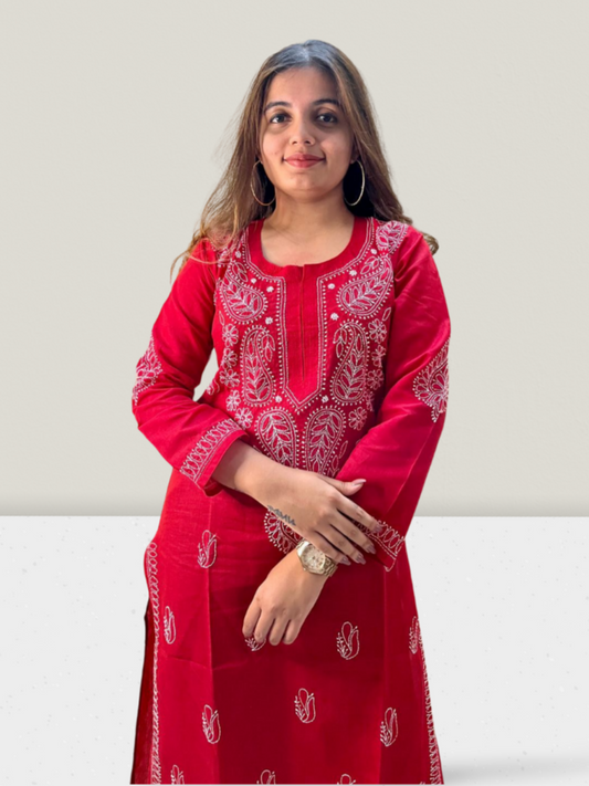 Red Cotton Chikankari Kurti