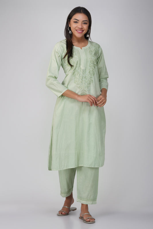 Green Cotton Kurti Set with Coloured Chikankari Embroidery