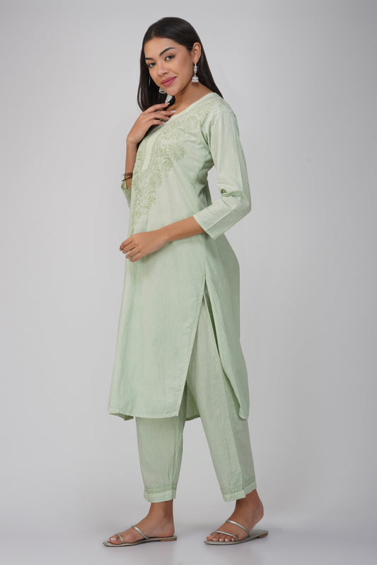 Green Cotton Kurti Set with Coloured Chikankari Embroidery