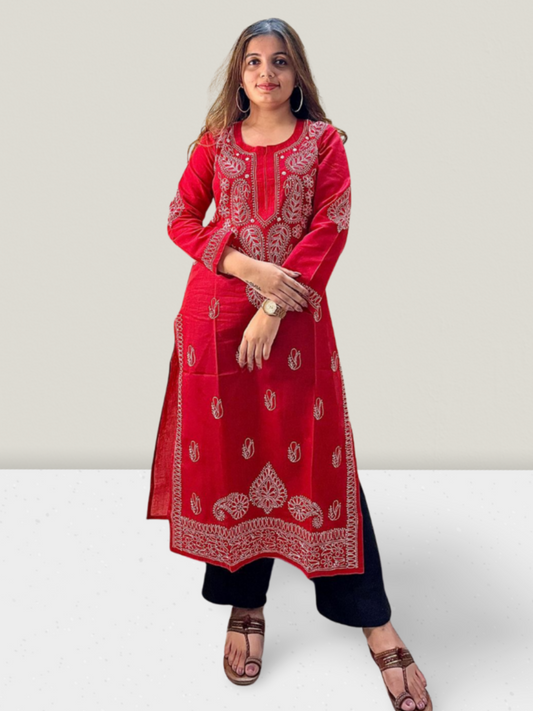 Red Cotton Chikankari Kurti