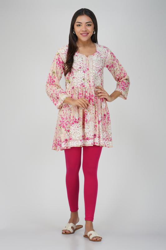 Pink Short Malmal  Cotton Chikankari Gown