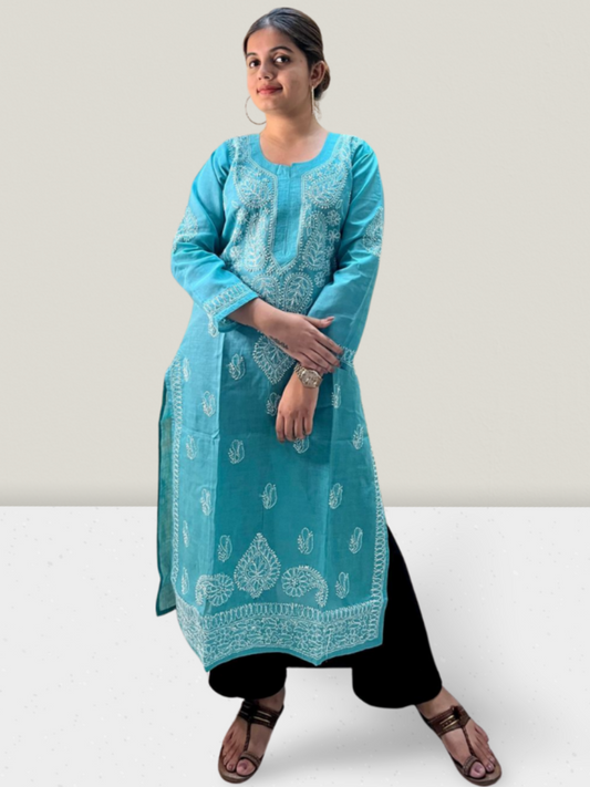 Turqoise Blue Cotton Chikankari Kurti