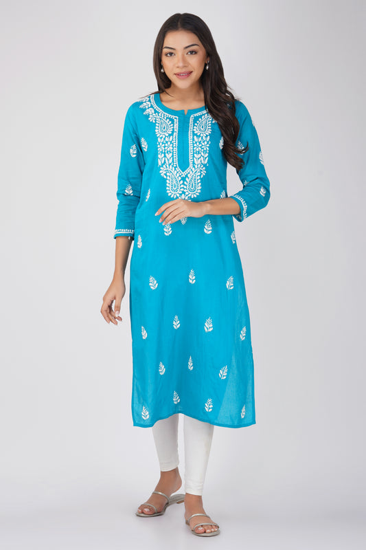 Peacock Blue Cotton Chikankari Kurta