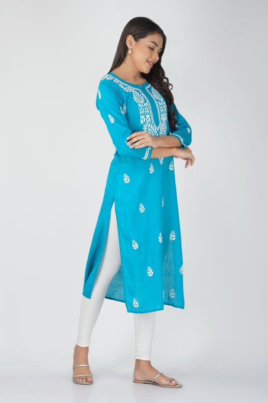 Peacock Blue Cotton Chikankari Kurta