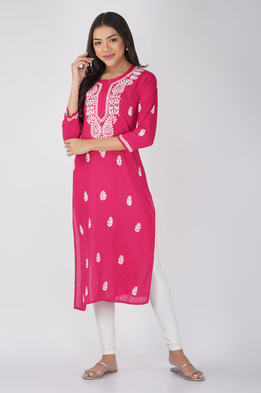 Magneta Pink Cotton Chikankari Kurta