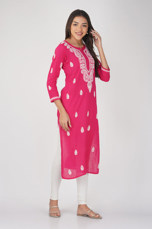 Magneta Pink Cotton Chikankari Kurta