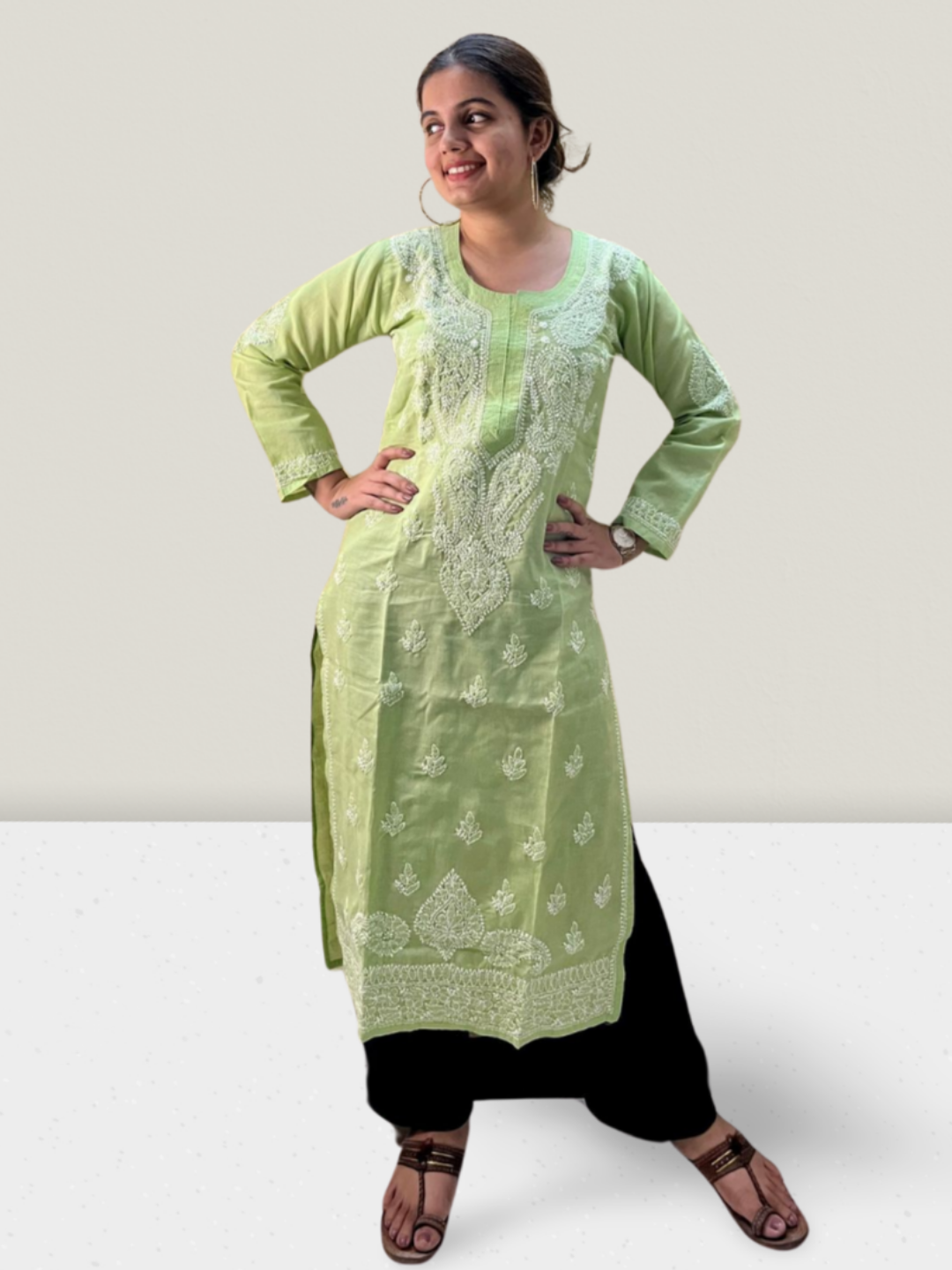 Green Cotton Chikankari Kurti