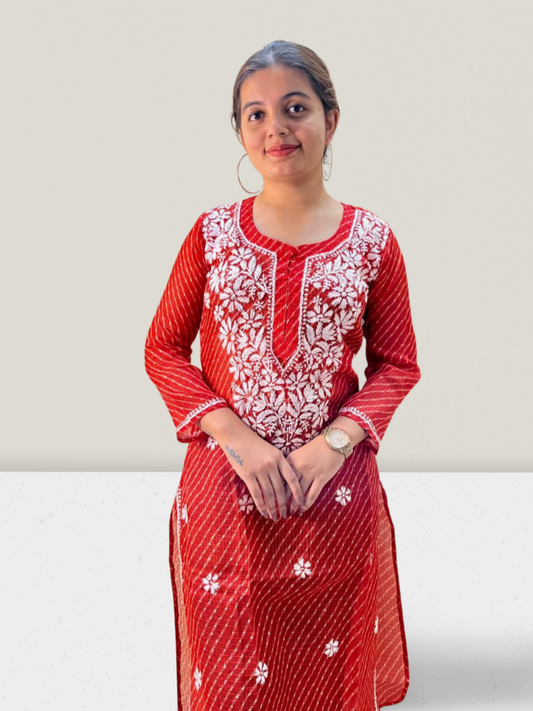 Red Lahariya Kota Cotton Chikankari Kurti