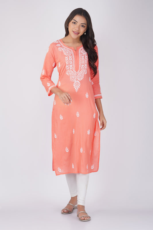 Peach Cotton Chikankari Kurta