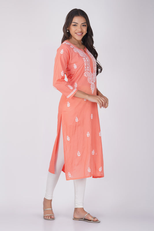 Peach Cotton Chikankari Kurta