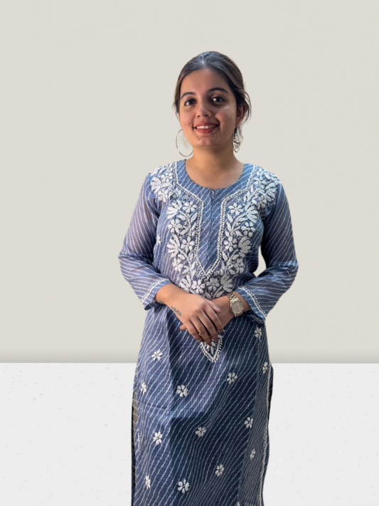 Grey Lahariya Kota Cotton Chikankari Kurti