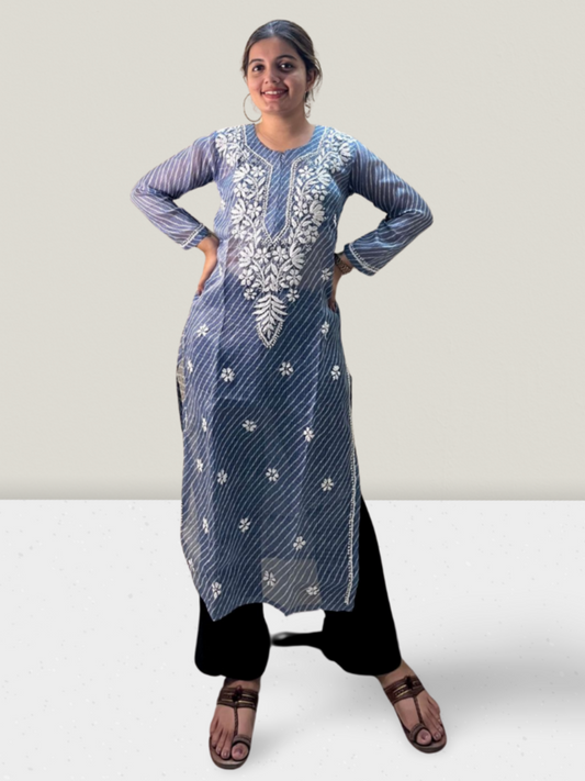 Grey Lahariya Kota Cotton Chikankari Kurti