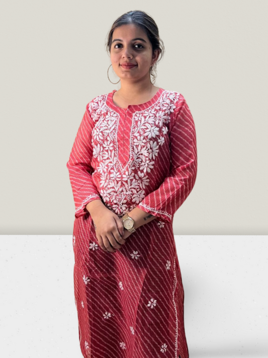 Pink Lahariya Kota Cotton Chikankari Kurti