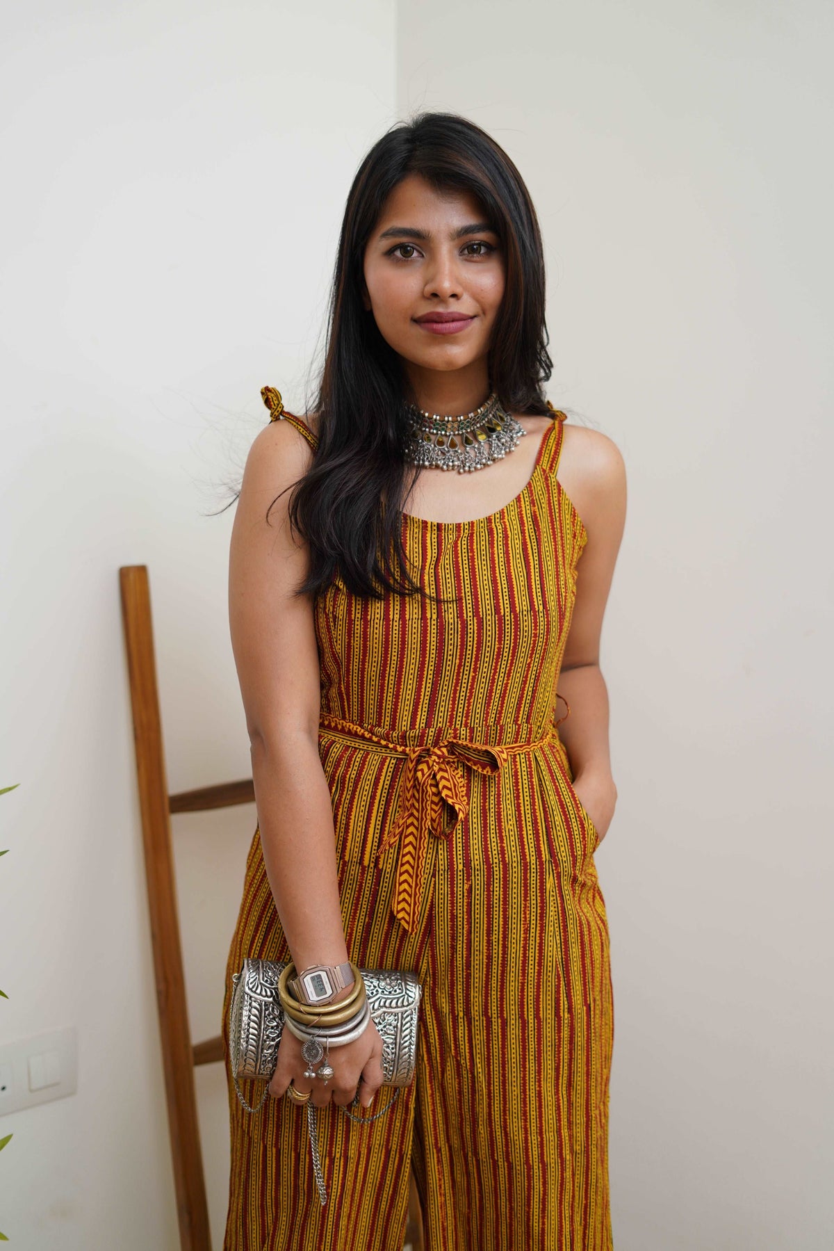 COTTON YELLOW-RED STRIPPED PANTSUIT WITH BAGH HAND-BLOCK PRINT