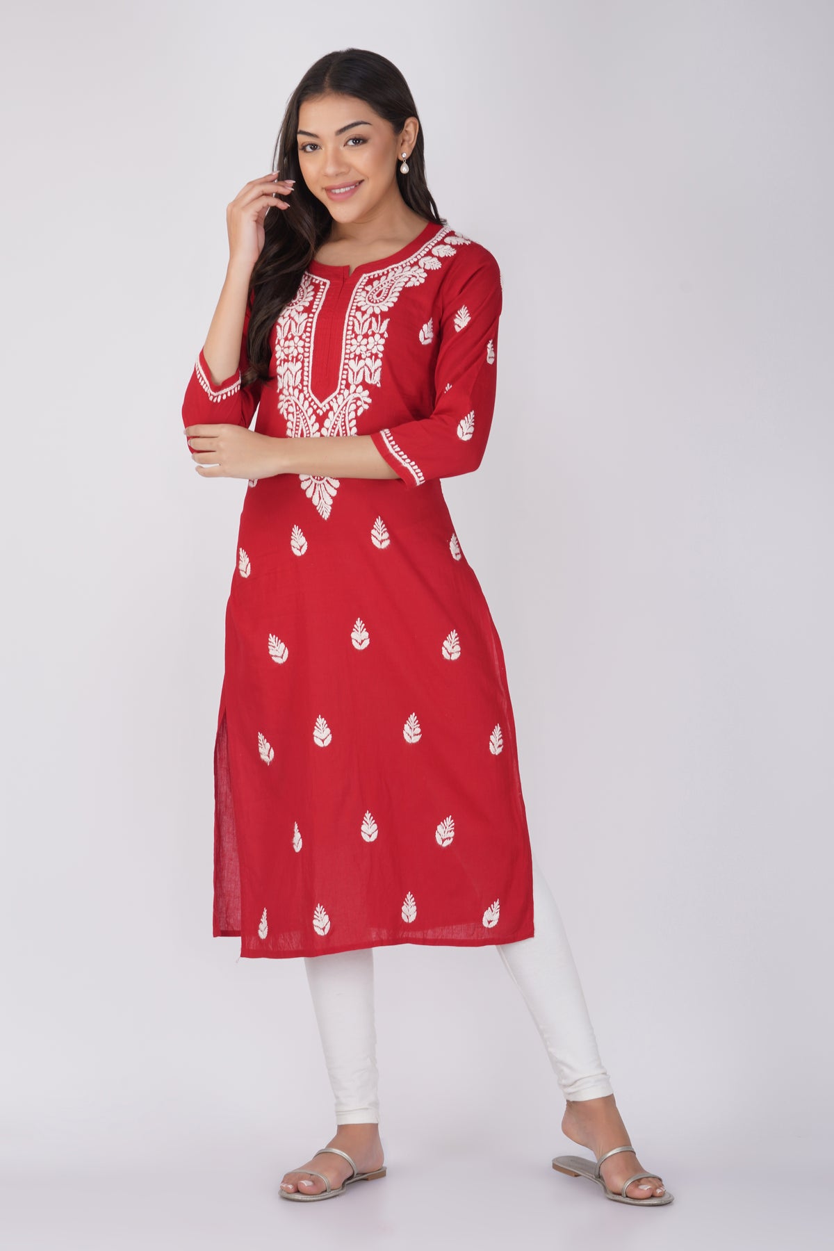 Red Cotton Chikankari Kurta