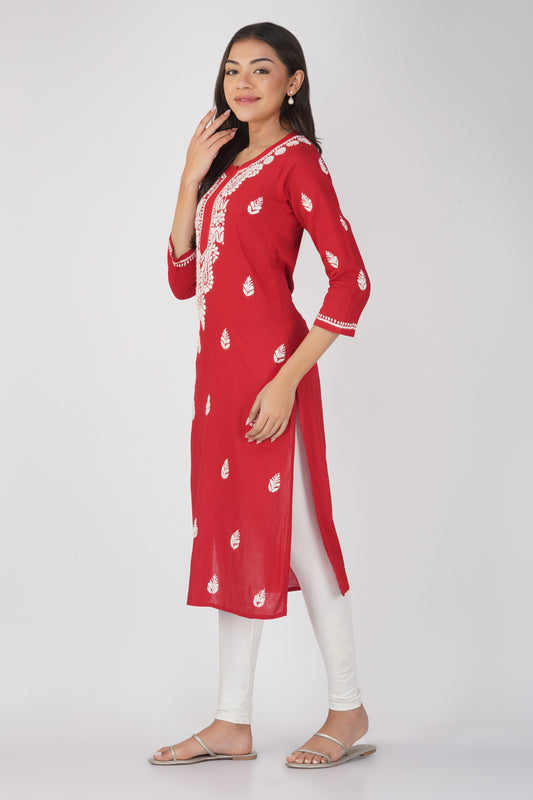 Red Cotton Chikankari Kurta