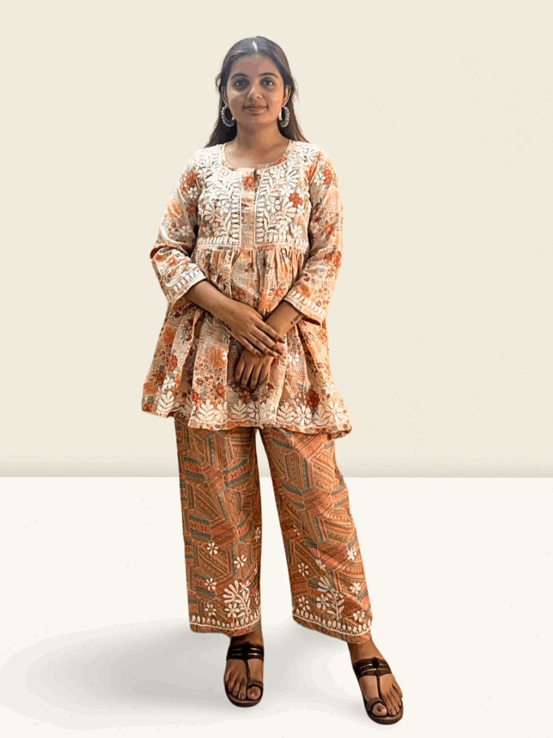 Brown Cotton Embroidered Co - Ord Set