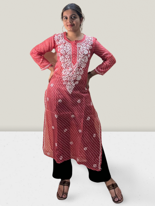 Pink Lahariya Kota Cotton Chikankari Kurti