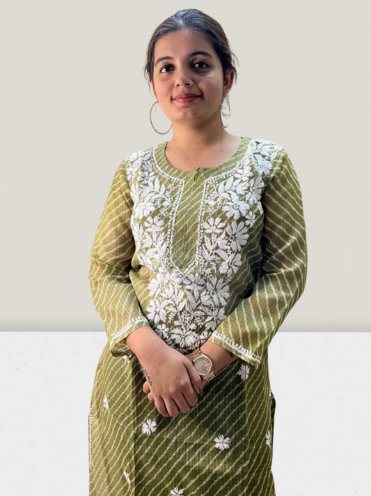 Green Lahariya Kota Cotton Chikankari Kurti