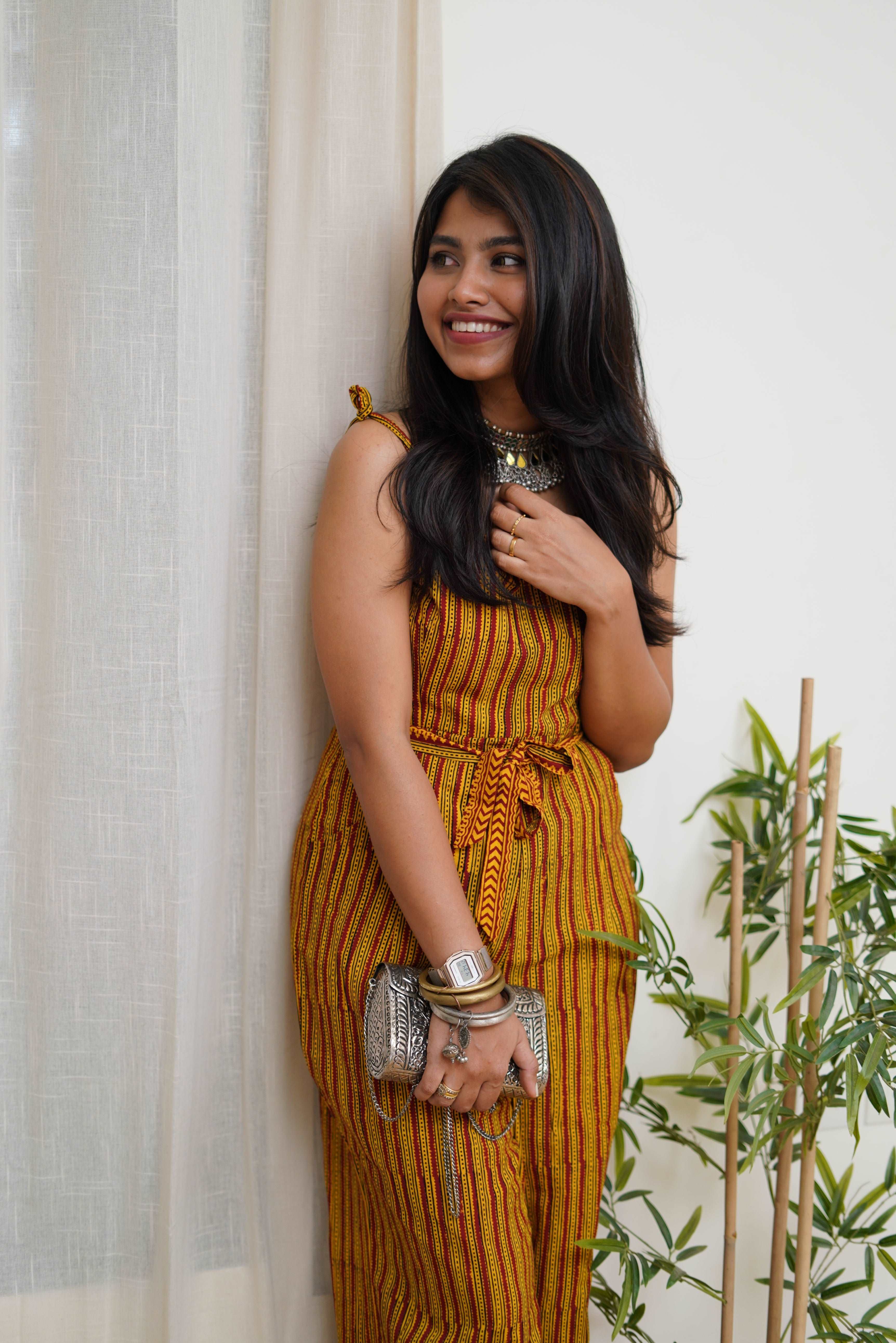 COTTON YELLOW-RED STRIPPED PANTSUIT WITH BAGH HAND-BLOCK PRINT