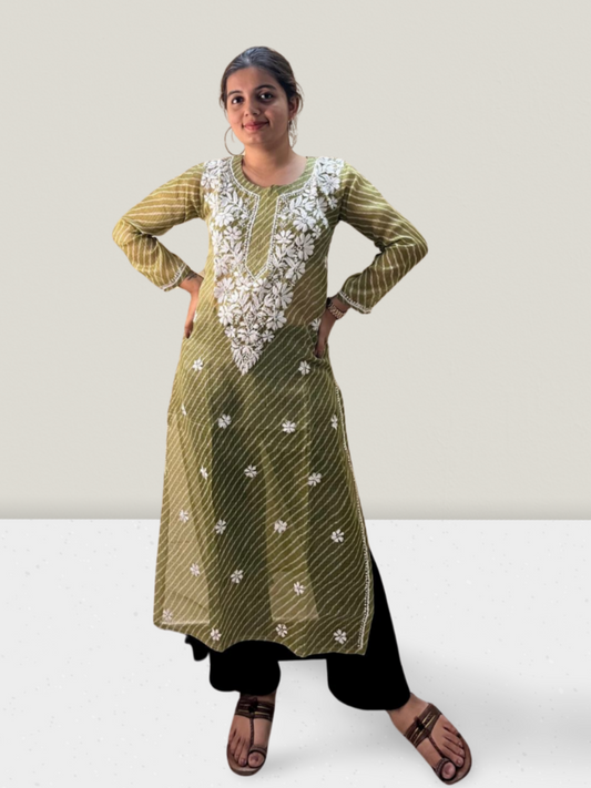 Green Lahariya Kota Cotton Chikankari Kurti