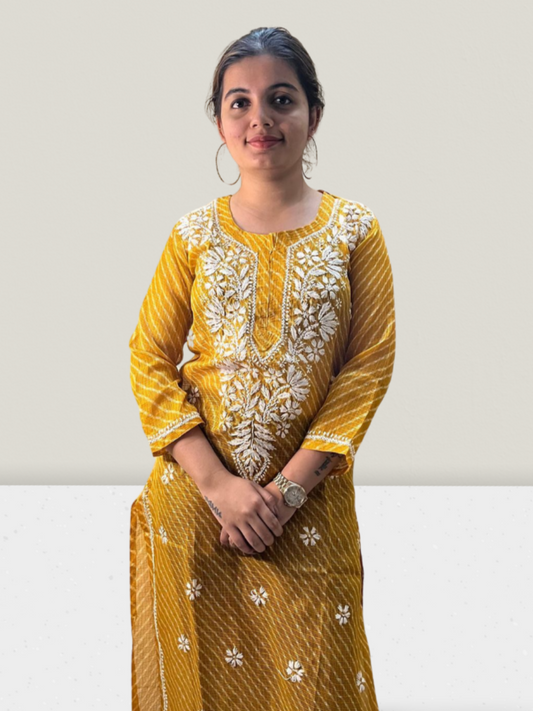 Yellow Lahariya  Kota Cotton Chikankari Kurti