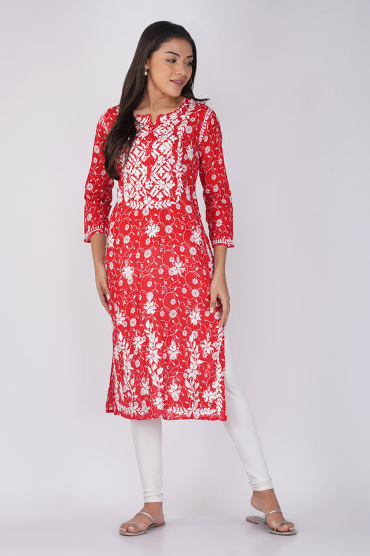 Red Malmal Cotton Chikankari Kurti