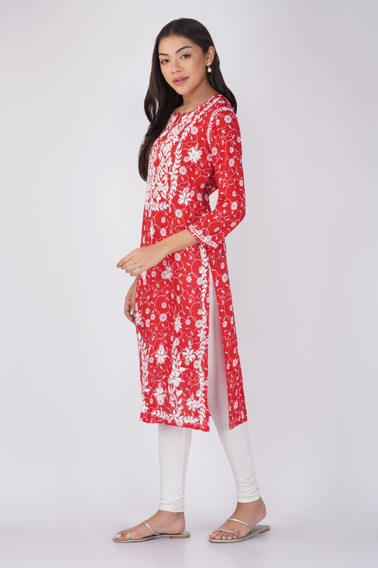 Red Malmal Cotton Chikankari Kurti