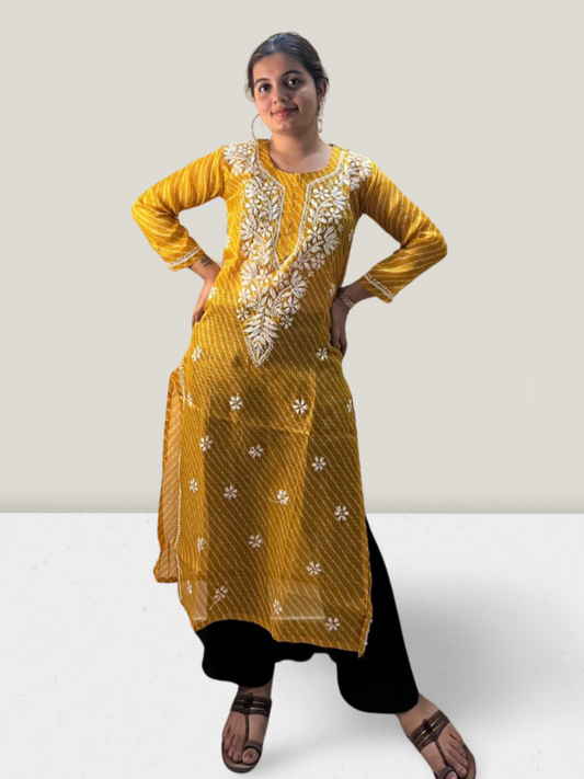 Yellow Lahariya  Kota Cotton Chikankari Kurti