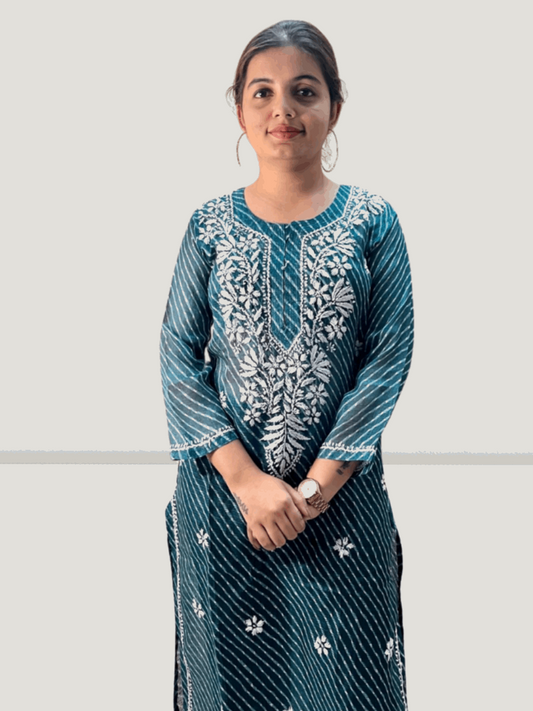 Blue Lahariya Kota Cotton Chikankari Kurti