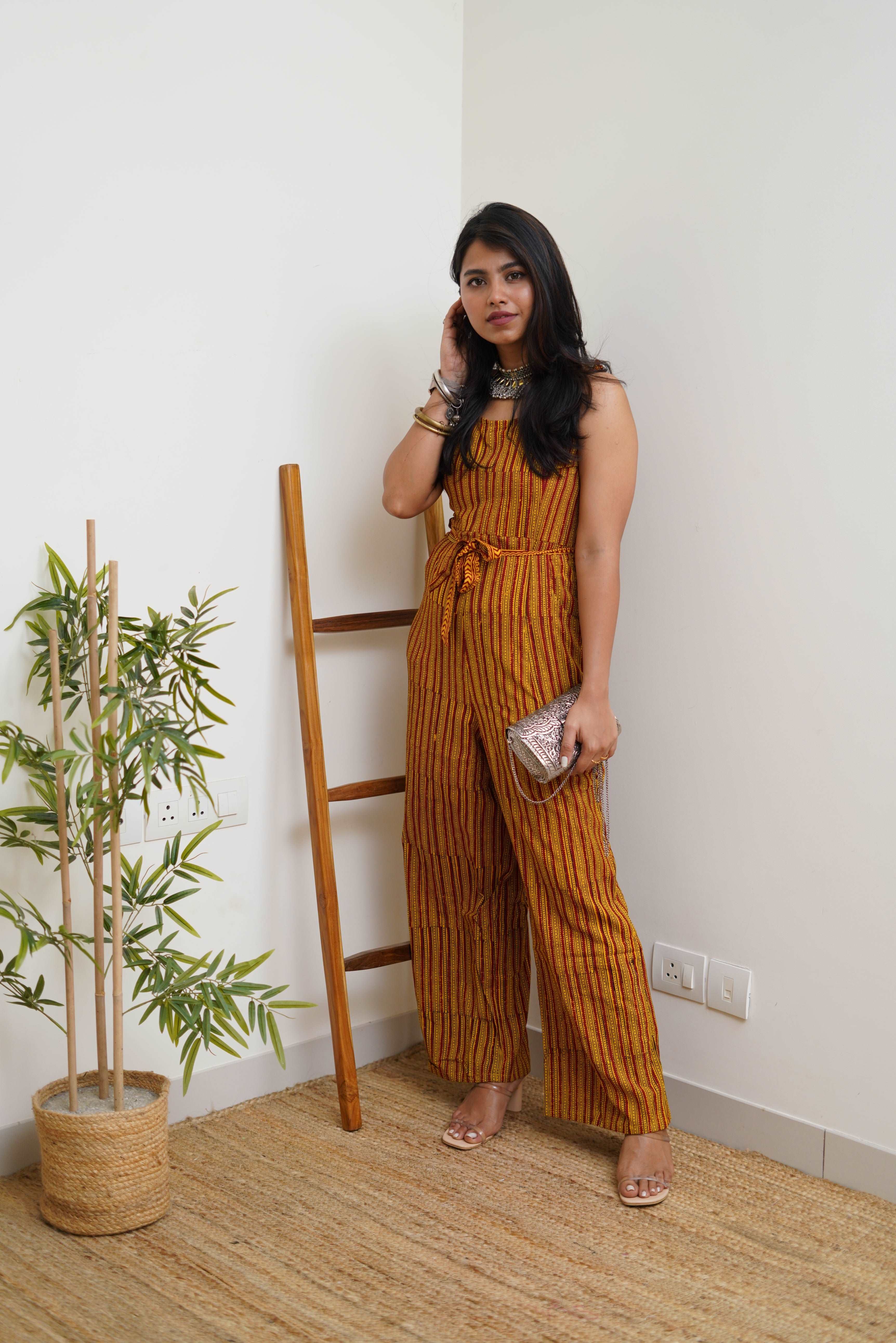 COTTON YELLOW-RED STRIPPED PANTSUIT WITH BAGH HAND-BLOCK PRINT