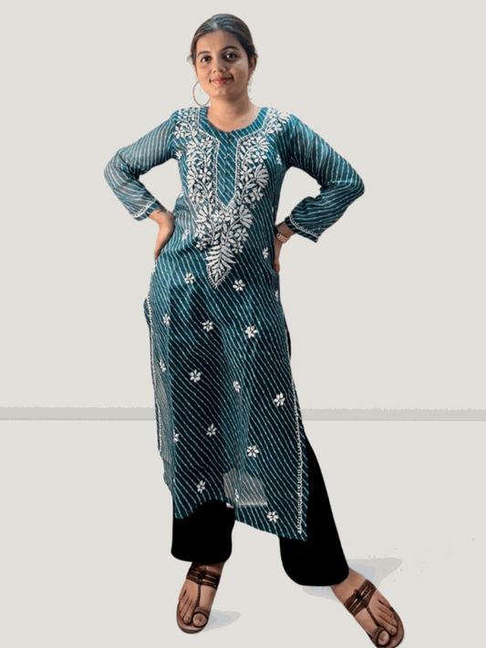 Blue Lahariya Kota Cotton Chikankari Kurti