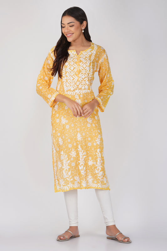 Yellow Malmal Cotton Chikankari Kurti