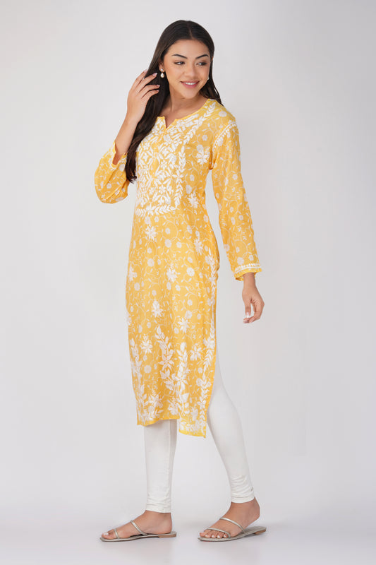 Yellow Malmal Cotton Chikankari Kurti