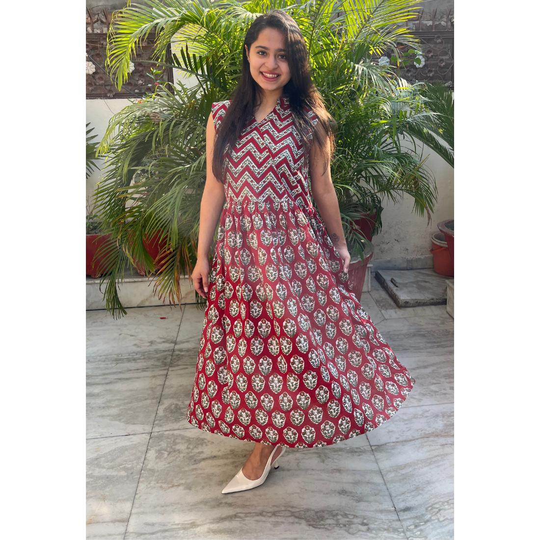 Sangria Red Print V Neck Dress