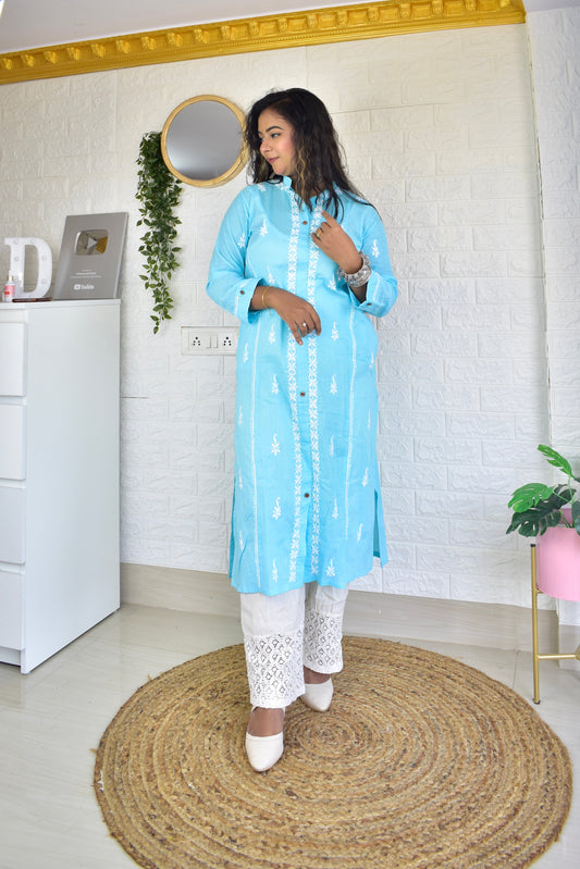 Blue Cotton Chikankari Kurta