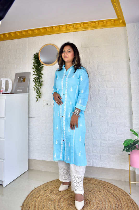 Blue Cotton Chikankari Kurta