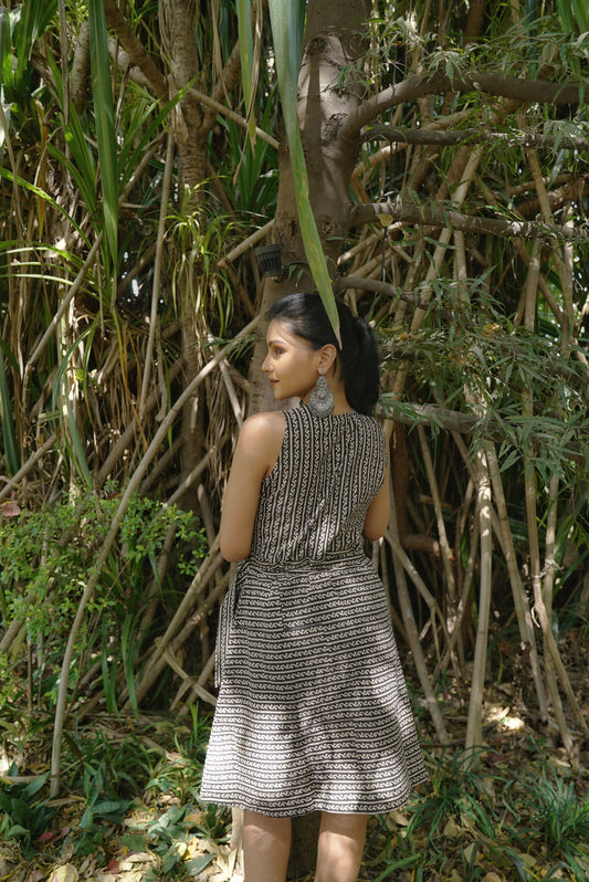 COTTON BLACK WRAP DRESS WITH BAGRU HAND-BLOCK PRINT