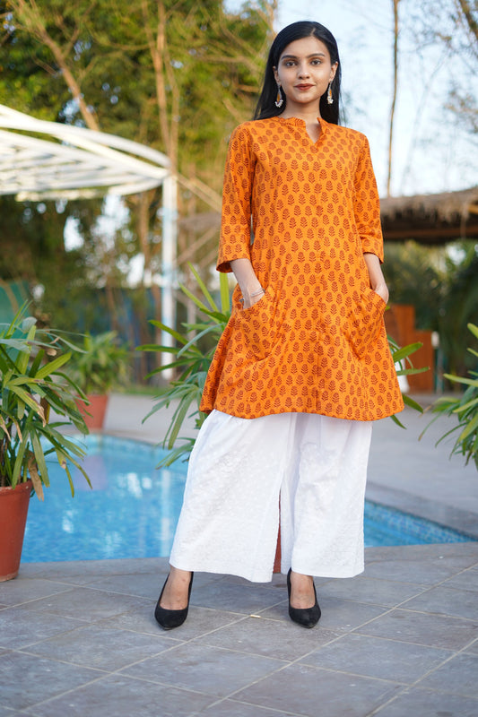 ORANGE COTTON KURTI WITH POCKETS AND BAGH HAND BLOCK PRINT