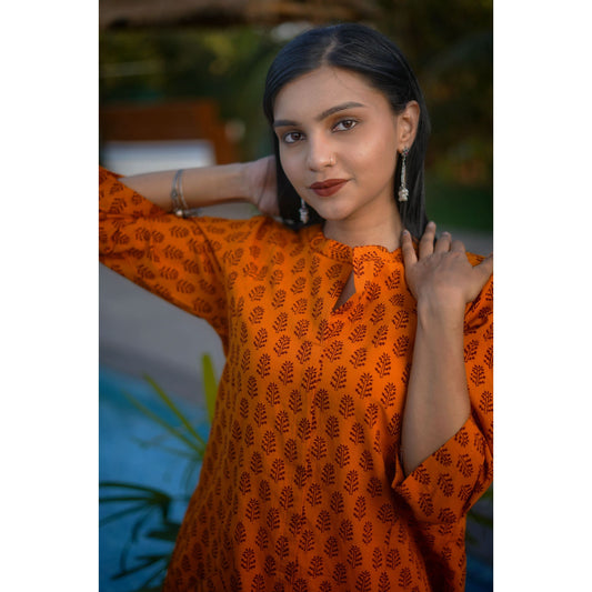 ORANGE COTTON KURTI WITH POCKETS AND BAGH HAND BLOCK PRINT