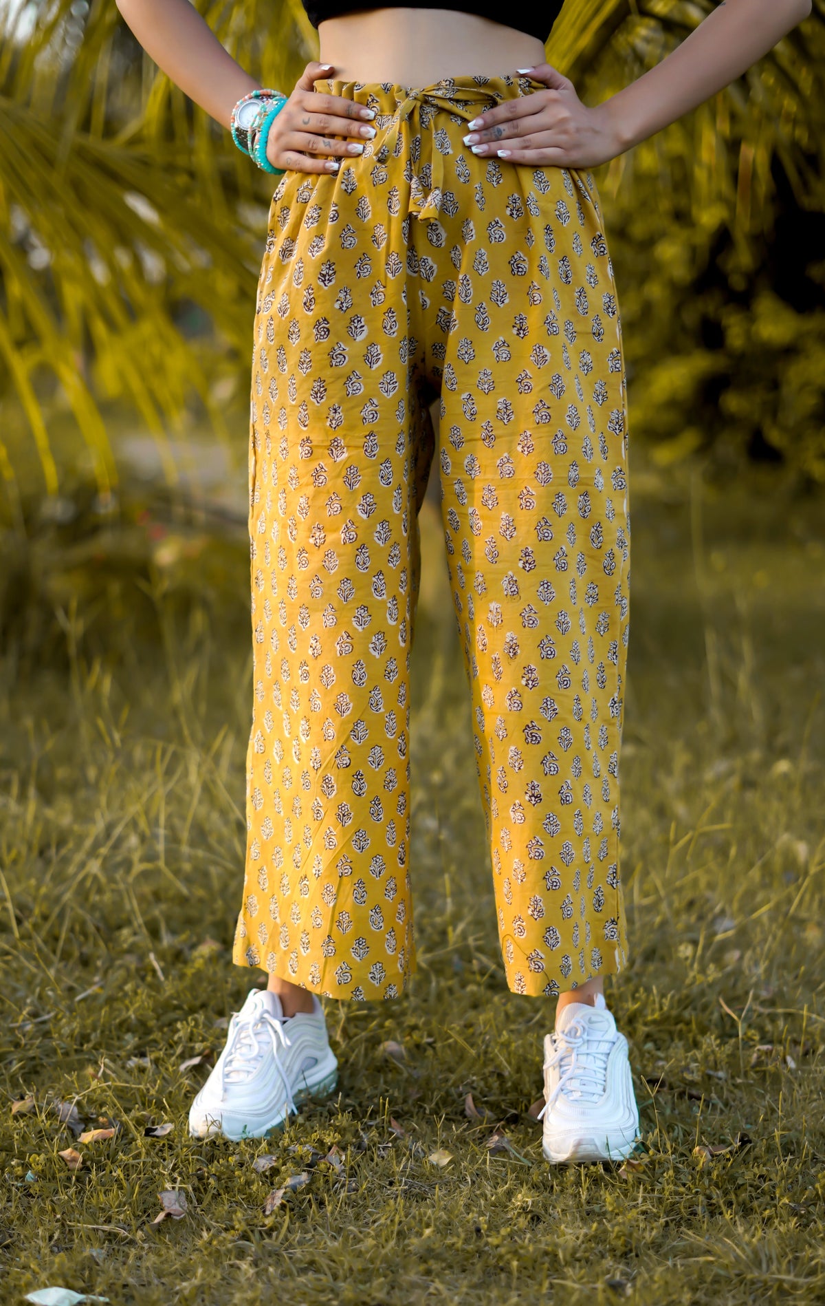 YELLOW ADJUSTABLE COTTON PARELLAL PANTS WITH WHITE-RED BAGRU HAND BLOCK PRINT